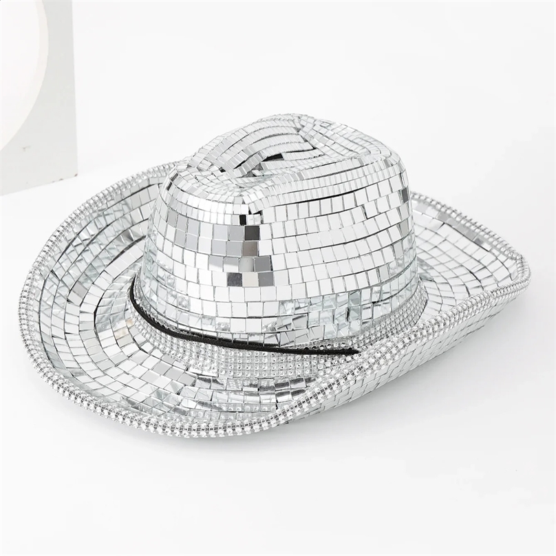 Disco Mirror Ball Cowboy Hat Shiny Silver Fashion Glass Cowgirl Hat Pub Performance Custom Cap Men Party Gathering Show Rave 240904