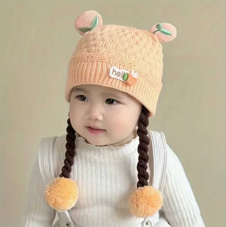 Kids Hat AutumnWinter Cute Cartoon Pullover Beanie with Braids for Girls and Boys 315 Months Warm Thickened Ear Protection Z251029