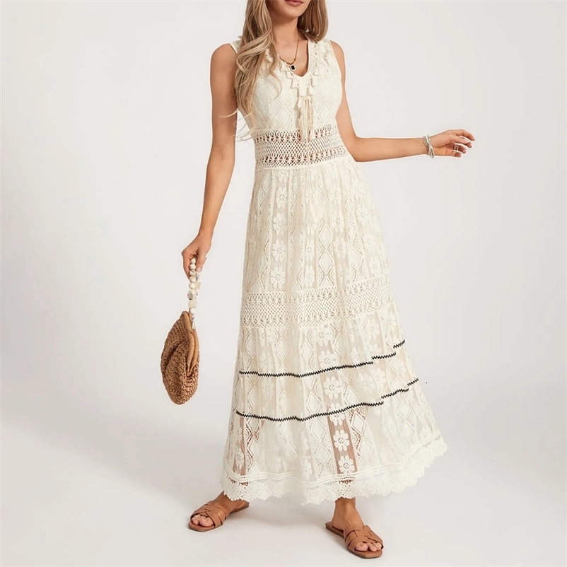 Boho Dress Women Summer Sleeveless Dress Female Solid Lace V Neck Sundress Ladies Hollow Out Beach Dress Vestidos De Mujer 240529