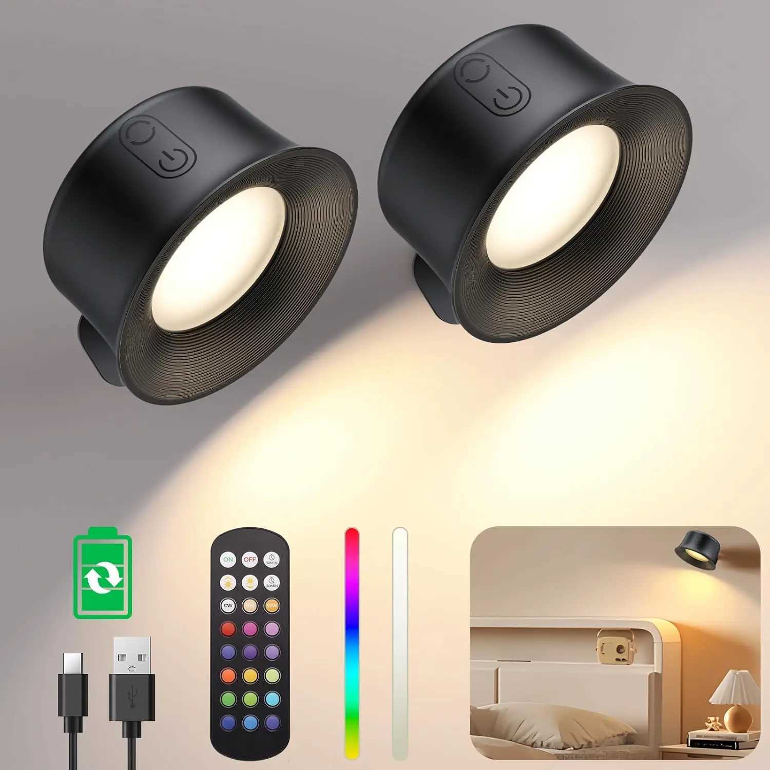 2Pack LED Rechargeable Wall LightsAdhesive Magnetic Wireless Wall Lamps2000mAh Battery15 RGB Colors for BedroomLiving Room C251124