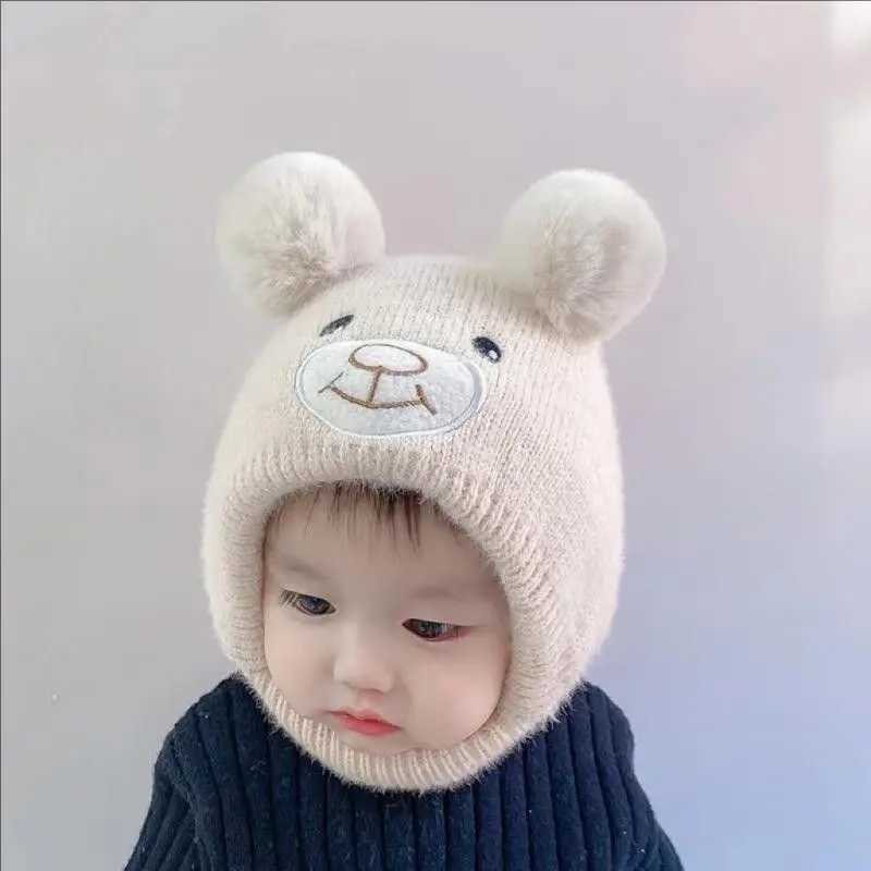 Cute Bear Beanie Cap for Baby Boy Girl Cartoon Pompom Warm Knitted Hat Neck Cover Autumn Winter Toddler Ear Protection Caps Z251029