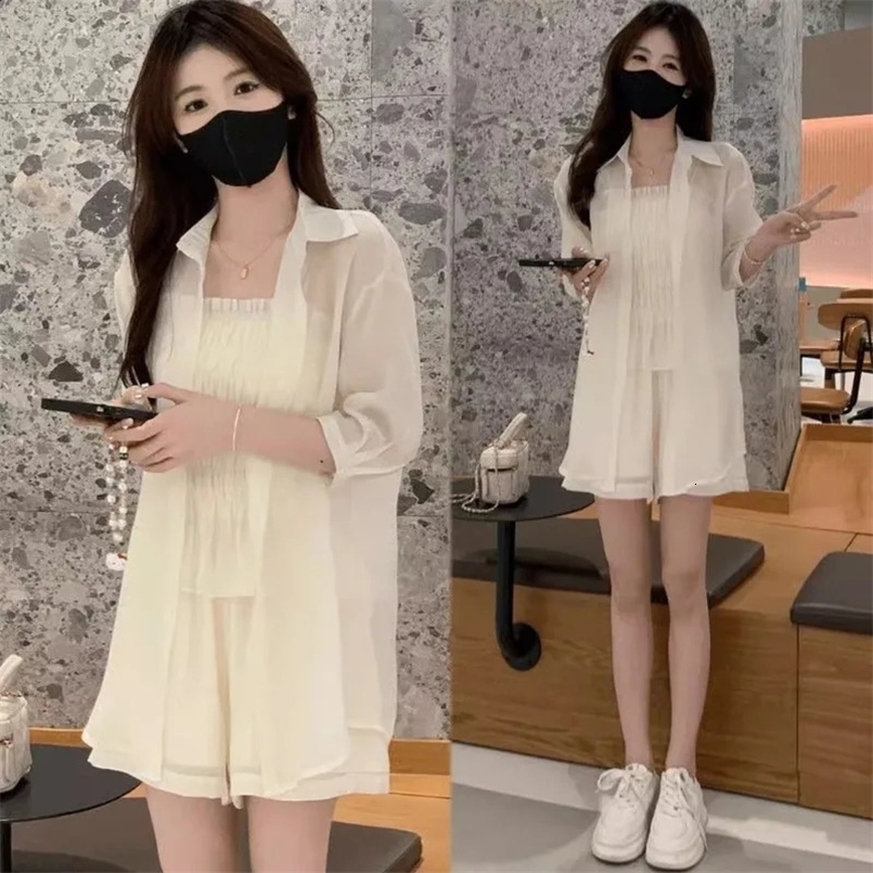 Women Summer Simplicity Office Lady Temperament Solid Color 3/4 Sleeve Shirts Women Clothes Casual All-match Sling Shorts Suit 240820