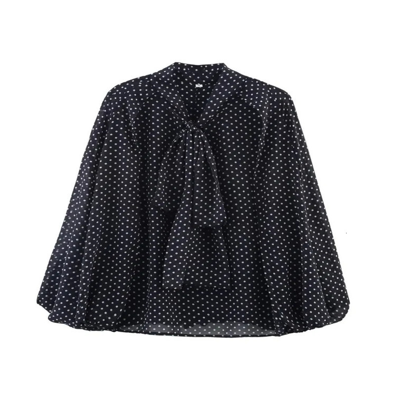 Cape Shirt With Tie Women Casual V Neck Lightweight Womens Blouse Polka Dot Lady Tops Long Sleeve Female Shirts Blousers 250417