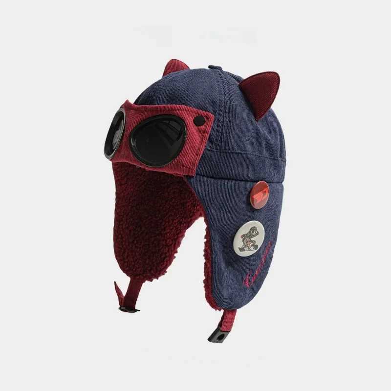 New Kids Girl Boy Pilot Hat with Goggles Cotton Fleece Lined Earflap Cap Cat Ears Winter Warm Thickened Familys Aviator Hat Z251029