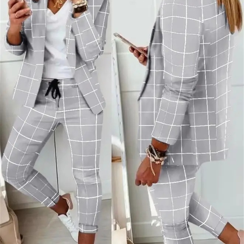 Office Two Piece Set for Women Shawl Collar Long Sleeve Daily Work Medium Stretch Plaid Print Blazer Drawstring Ol Pants Set 240826