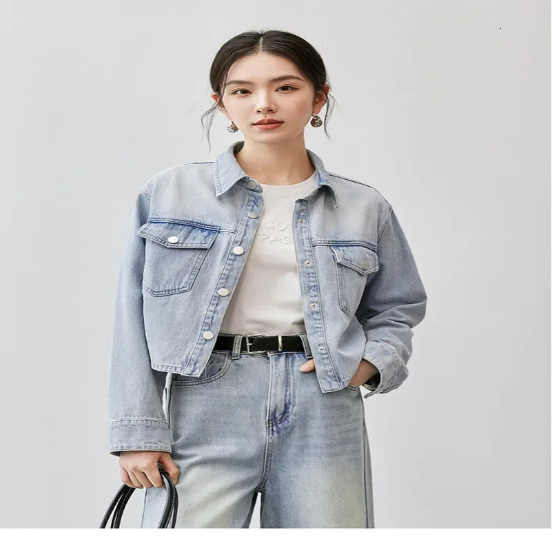 SENTUBILA Womens Spring Cropped Denim Jacket 2025 Long Sleeve Outerwear Short Coat 100% Cotton Washed Jean Jackets W43W56031 250122