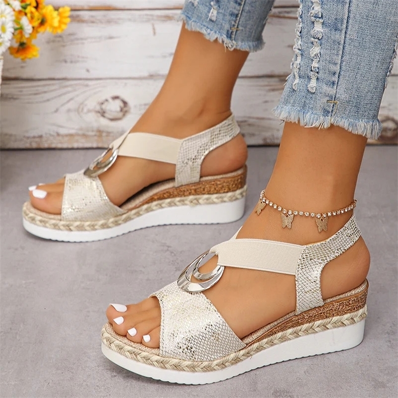 Metal Decoration Womens Wedges Sandals Summer Snake Print Platform Gladiator Shoes Woman Comfort Casual Med Heels Sandals 240528