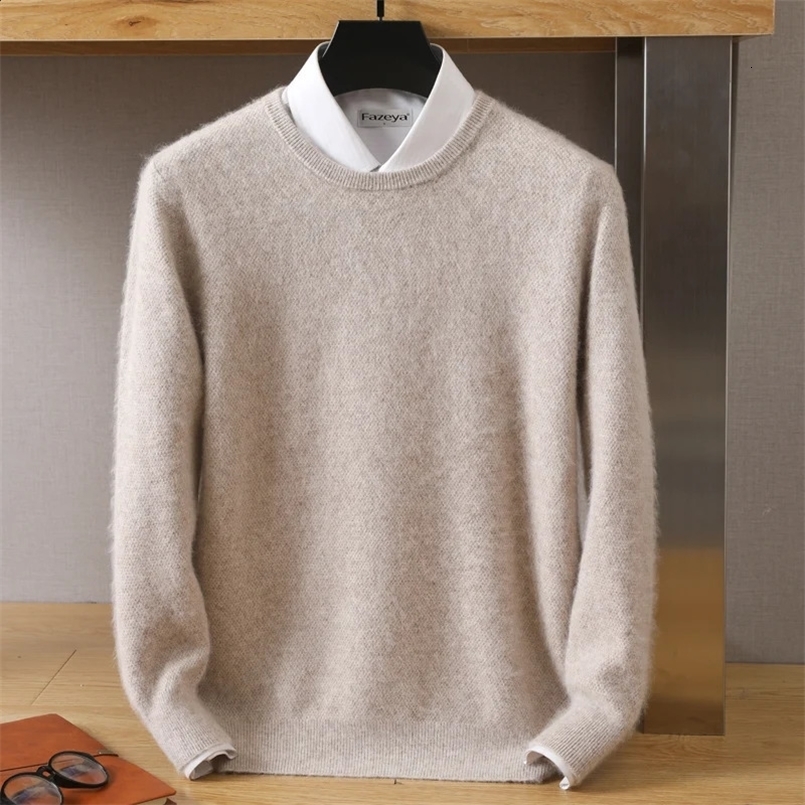 Autumn/Winter Korean 100% Mink Cashmere Mens Cold Top Solid Round Neck Pullover Casual Soft Sweater 240826