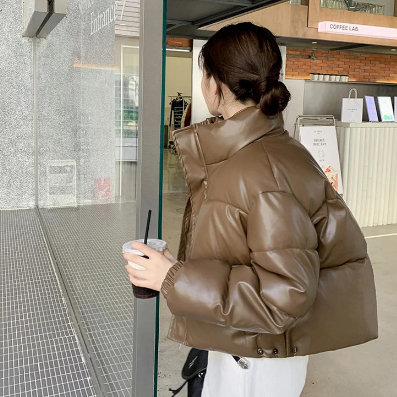 Womens down jacket brown winter Korean fashion Y2K style stand up collar black warm womens jacket cotton jacket 241112