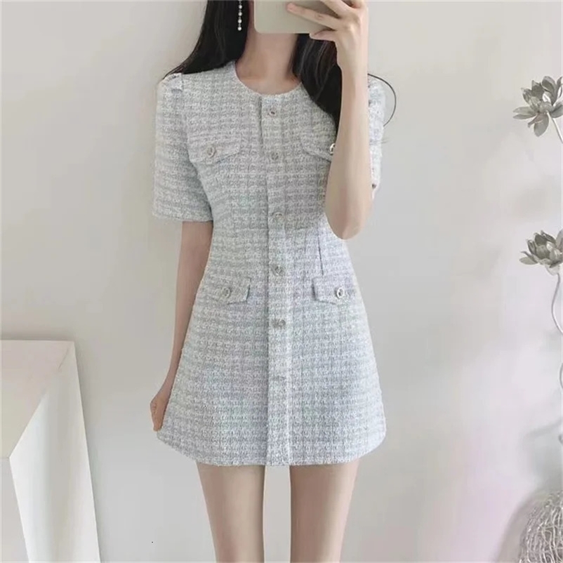 Chic Office Lady O Neck Puff Sleeve Dress Women Slim Waist Short Sleeve Tweed Summer Dresses A-Line Plaid Mini Vestidos F256 240529
