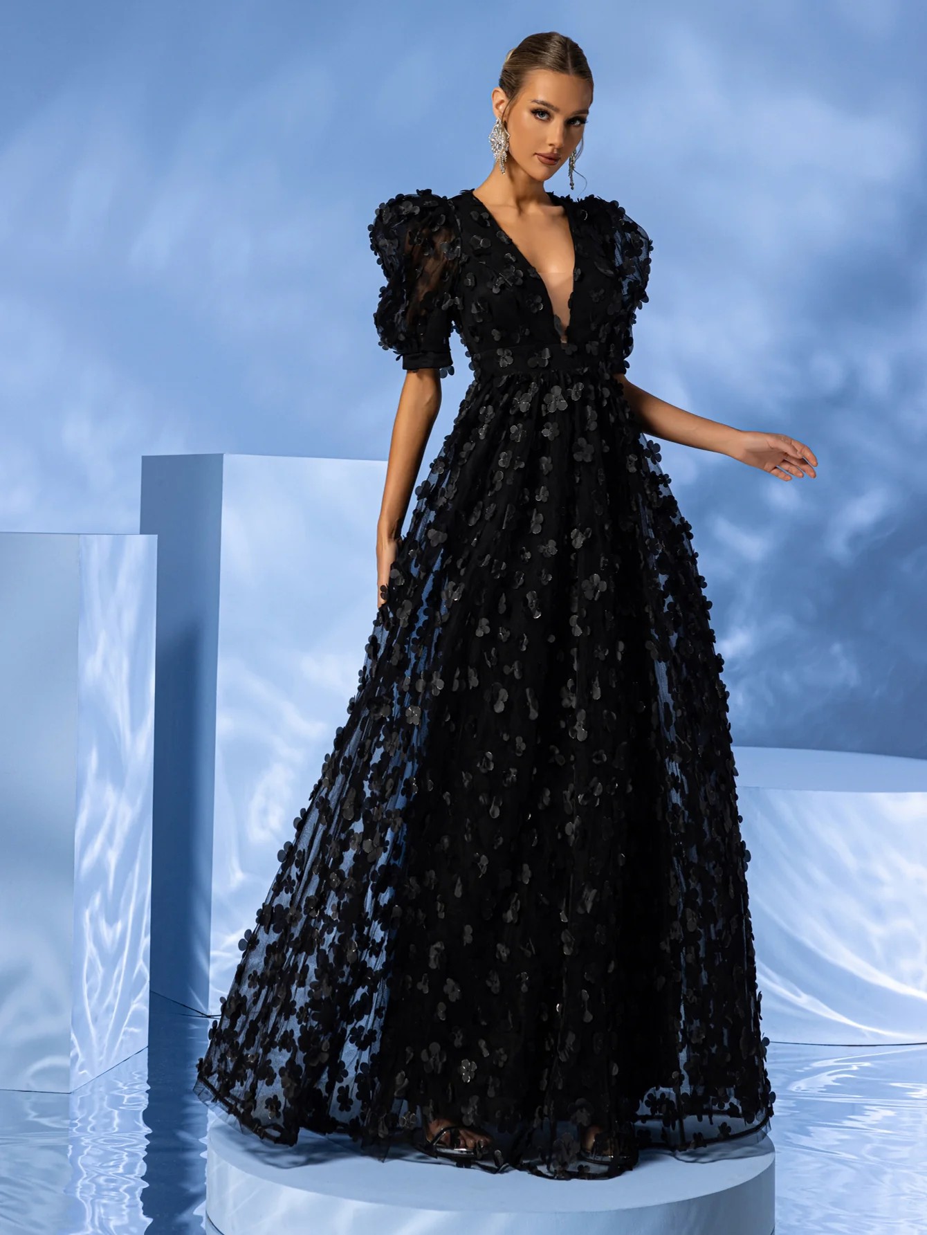 2025 New French Fashion Women's Elegant Prom Black High Neck Long Sleeve A-Line Mini Dress 23551