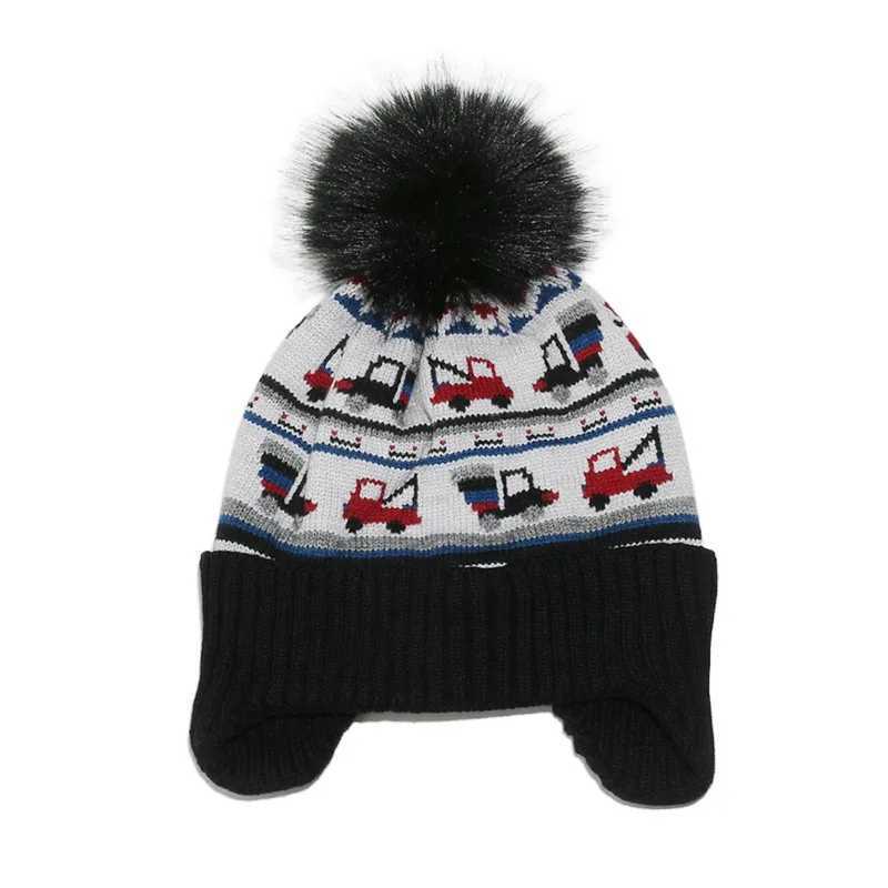 Car Truck Boys Girls Hats Winter Pompom Cartoon Knitted Children Caps Thick Warm Fleece Ear Protection Kids Hats Z251029