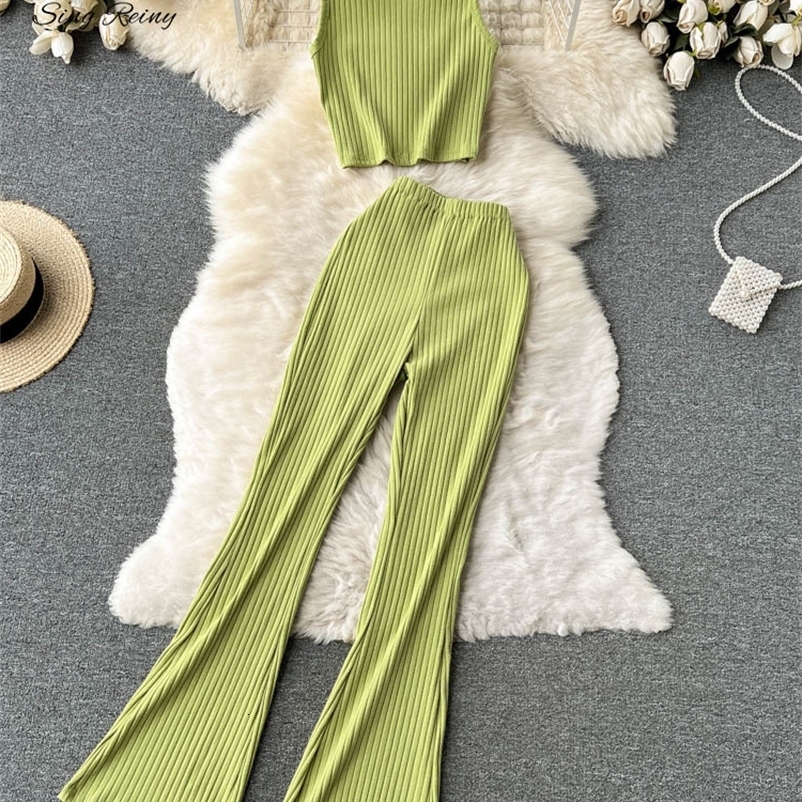 Women's Two Piece Pants SINGREINY Women Casual Pants Set Fashion Bodycon Slim Short Tank Top Striped Wide Legs Long Pants Solid Summer Two Piece 