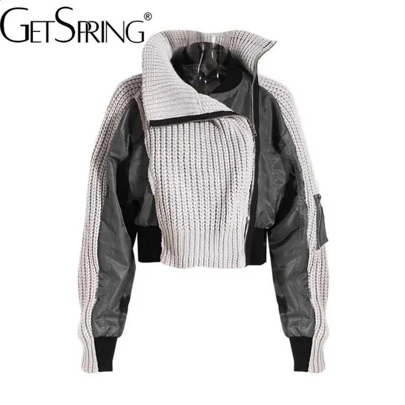 GetSpring Women Coat Autumn Irregular Knitted Stitching Patchwork Short Jacket Thickened Warm Baseball Two Ladies Tops 240827