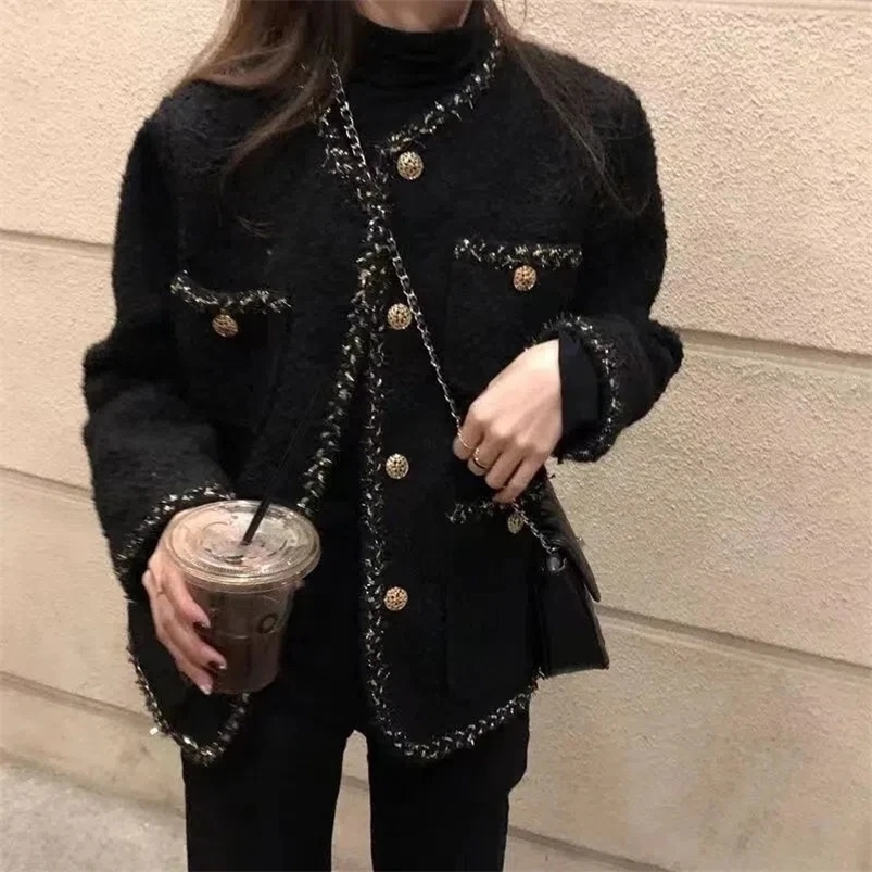 Warm Wool Tweed Jacket Coats Women Winter Korean Style Black Long Sleeve Jackets Woman Pockets Single-Breasted Outwear Lady 240708 cc