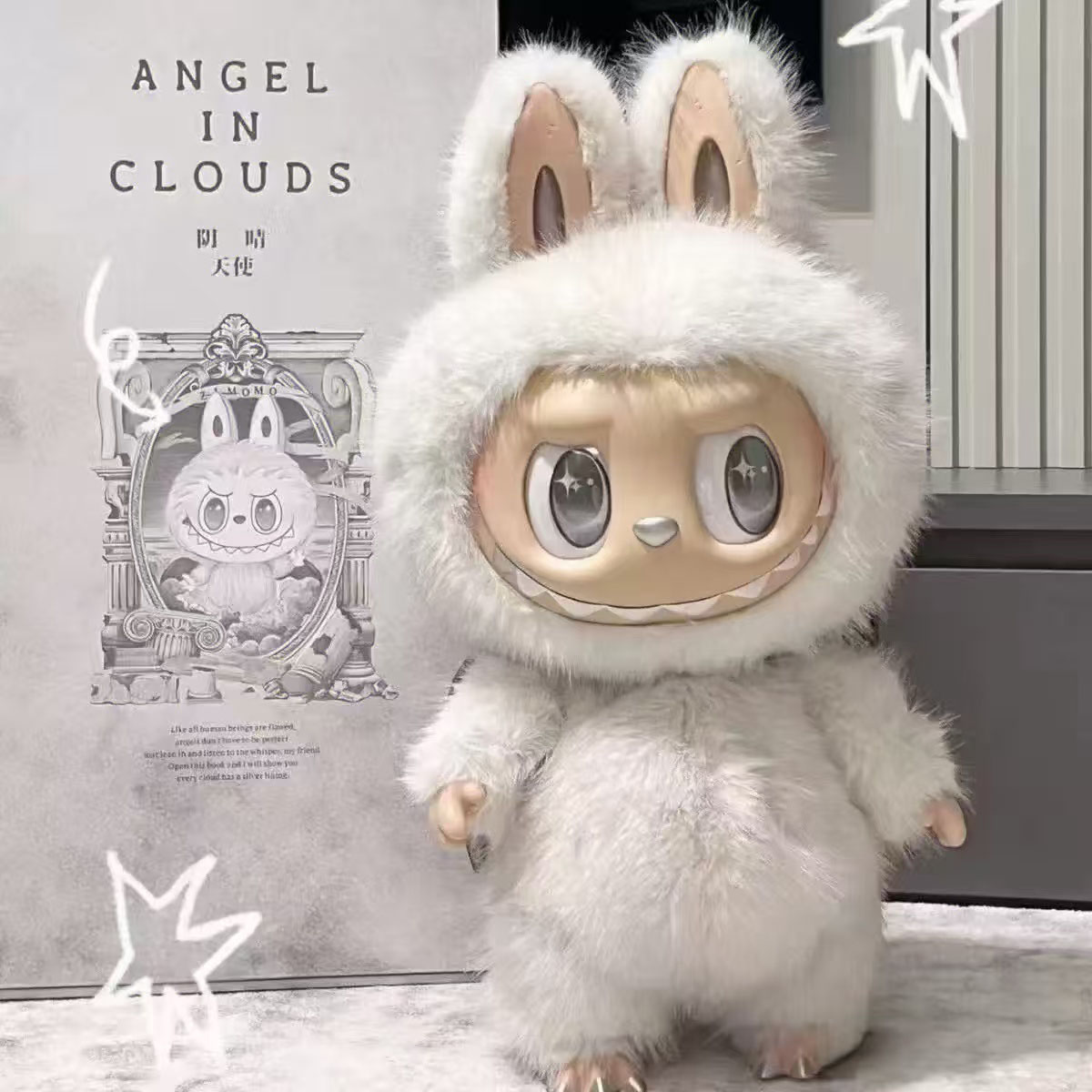 38cm Monster big Labubu rock Zimomo Angel Creative Mokoko Pattern Vinyl Pendant Doll Model Copy Childrens la bubu custom Toy toys