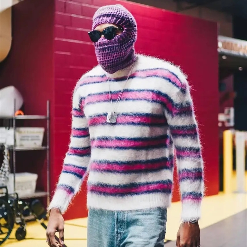 Autumn Winter Round Neck Color Stripe Knit Sweater Mohair Contrast Loose Mens Pullovers Sweaters Oversize Female Clothes Vintage 240821