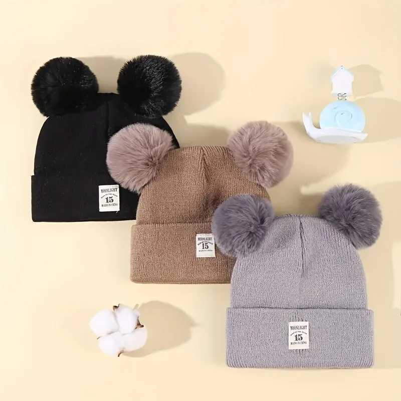 3pcs Soft Acrylic Knit Baby Hats with Double PomPoms Patch Warm Lightweight New Year Casual Attire for Boys Z251029