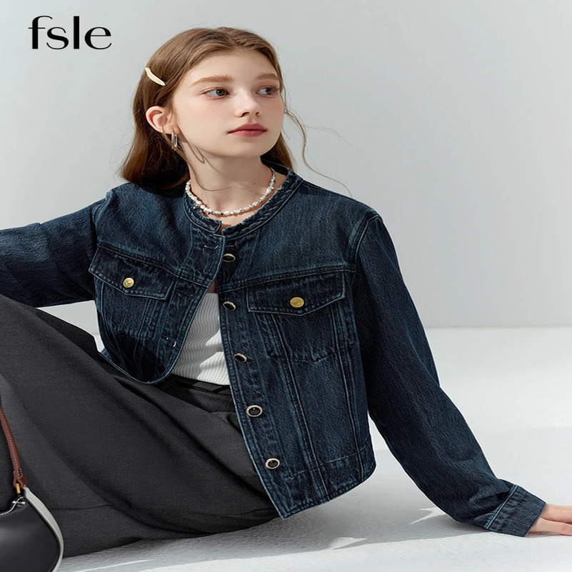 FSLE Retro Denim Short Jacket For Women Autumn Round Neck Female Dark Denim Blue Coats Button Pocket Decoration Jackets 250122