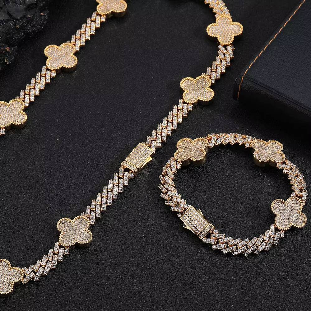 Lucky Four Leaf Clover Cuban Link Chain Single Row Diamond Prong Cuban Link Chain Necklace for Women Jewelry