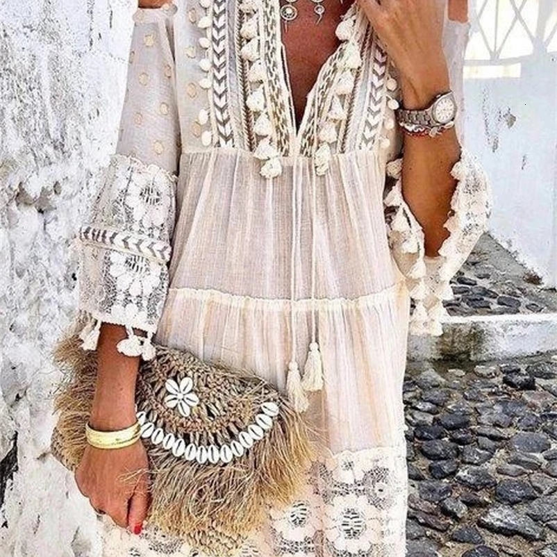 Spring Embroidery Crochet Lace Boho Dress Women Elegant Off Shoulder Tassel Ruffle Mini Dress Summer V Neck Lady Beach Dress 240529