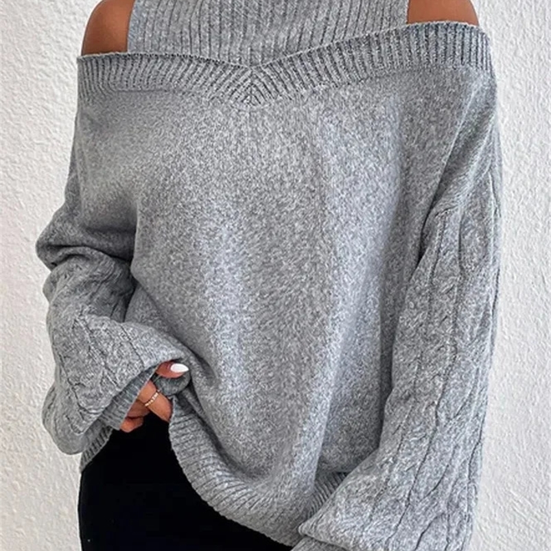 Autumn Winter Off Shoulder High Neck Long Sleeve European and American Sweater Loose Knit Cardigan 240824