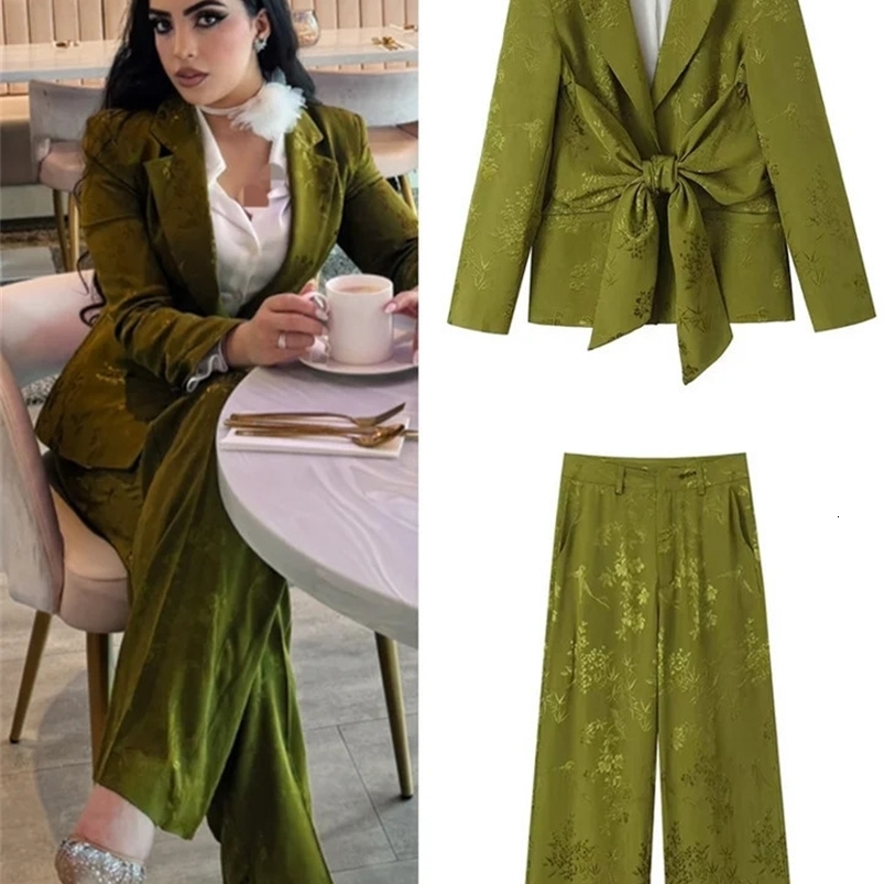 Elegant Green Jacquard BLazer Pants Set Women Casual Bow Lace Up Long Sleeve Lapel Jacket Straight Pants Lady Sets Autumn 240826