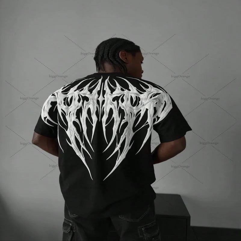 High Street Harajuku Streetwear American Retro Hip Hop Casual Oversized T-shirt Gothic Punk Graphic Top Men Summer Pure Cotton 250417