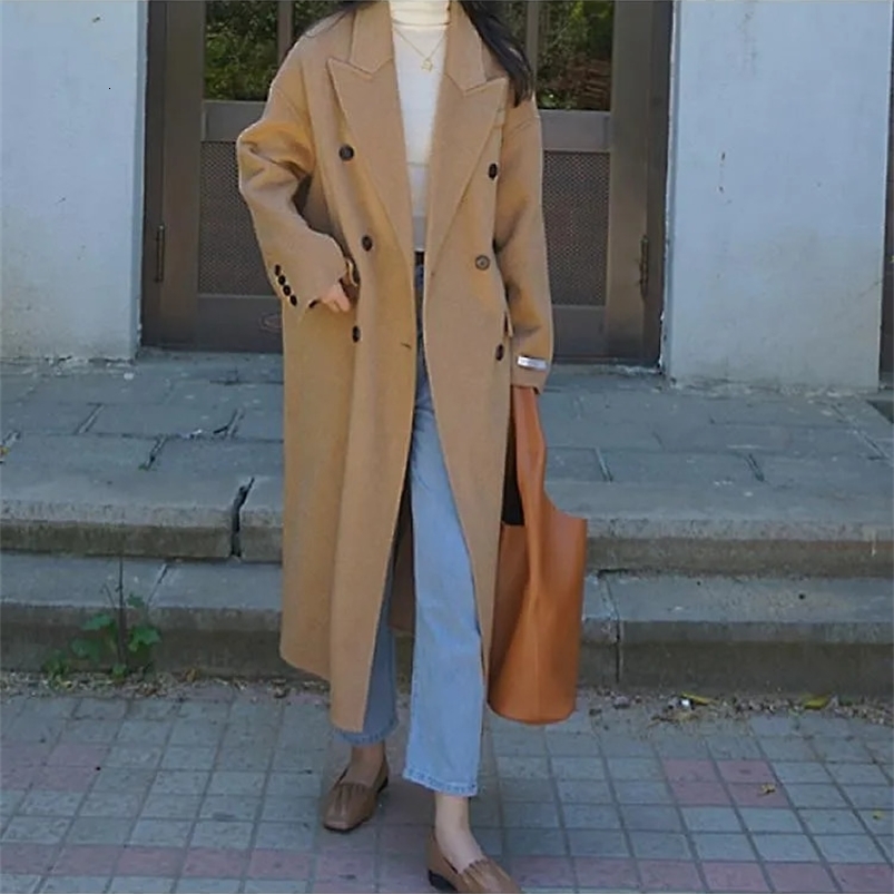 Winter Korean Style High-End Handmade Double Breasted Black Long 100% Wool Coat Women Lapel Loose Warmer Woolen Jacket 240822