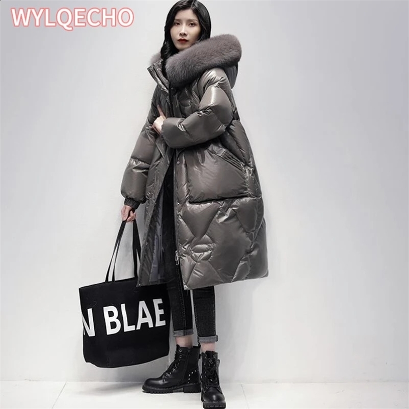 Womens down jacket thickened in winter warm medium length fashionable smooth no down jacket 241021