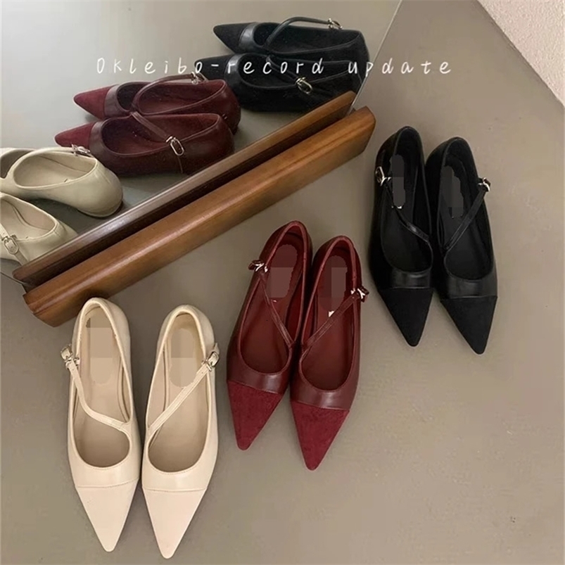 3 Color Womens Flats Mary Janes Shoes Pointed Toe Low Heels Dress Shoes Diagonal Buckle Leather Shoes 240428