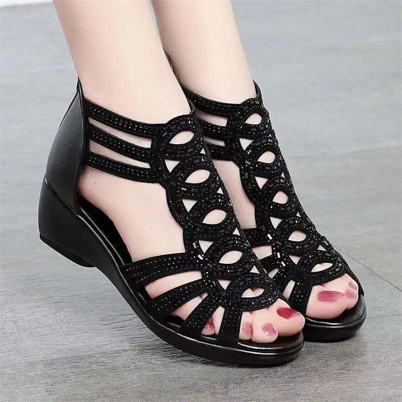 Real Soft Leather Roman Sandals Womens Chunky Heel Mom Shoes Fashion Outerwear Womens Sandals Wedge Womens Shoes 240528
