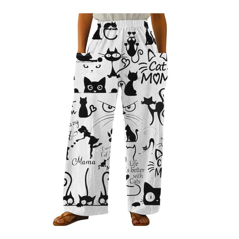 Women's Casual Cat Print Straight Leg Pants, Loose Trousers with Big Pockets for Autumn-CF40007