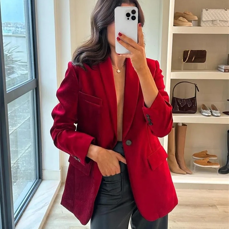 TRAFZA Women Spring Chic Jacket Coats Red Turn Down Collar Long Sleeves Pockets Decorate Single Button Female Fashion Blazers 240826