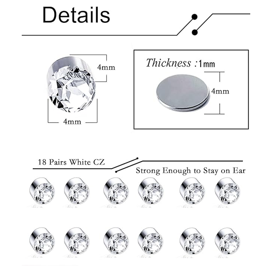18 Pairs Magnetic Stud Earrings White CZ Earrings Set Fake Earring Jewelry Clip on No Piercing Earrings Studs for Women Men 4MM 6MM