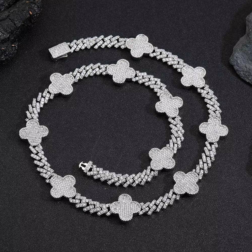 Lucky Four Leaf Clover Cuban Link Chain Single Row Diamond Prong Cuban Link Chain Necklace for Women Jewelry