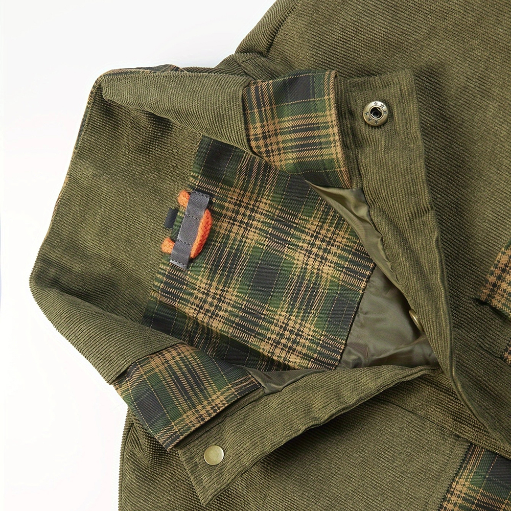 Men's Plaid Shirt Corduroy Spring and Autumn Cotton Jacket Shirt Casual Long-sleeved Button Shirt Coat with Pockets