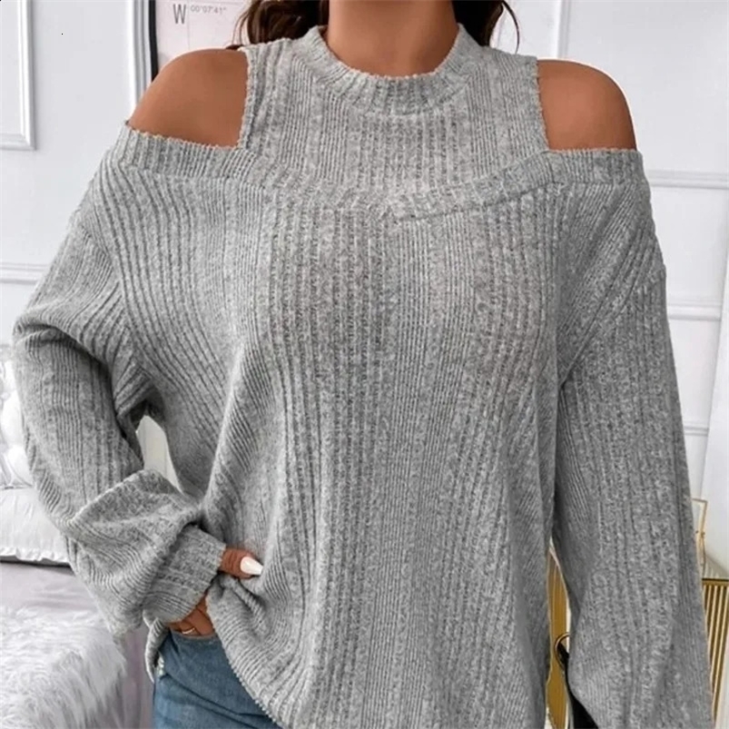 Womens Autumn Winter Solid Round Neck Off Shoulder Paisley Flared Long Sleeve Sweater Knitted T-shirt Office Lady Loose Tops 240824