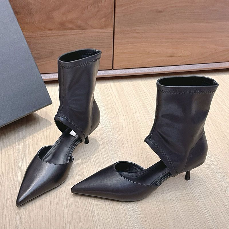 2025 new Stretch leather Suede hollow-out style Womens Pointy Ankle boots Designer shoe woman Stilettos Black fashion Boots Middle heel booties Ladg boot