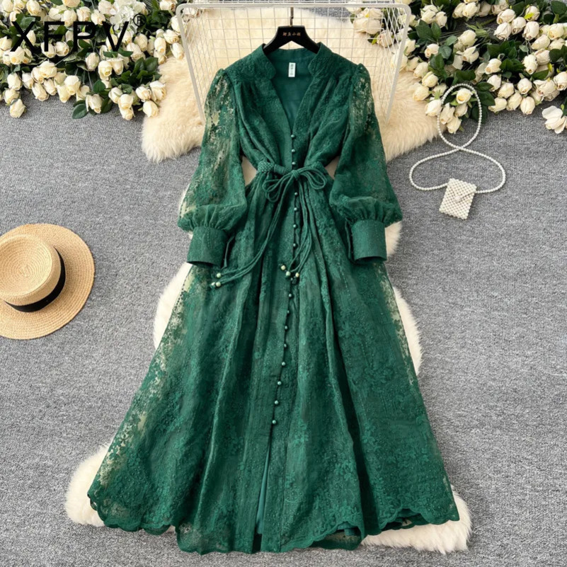 XFPV Bandage Gathered Waist Dress For Women V-neck Long Sleeves Single Breasted Loose Big Umbrella Clothing Fashion 22D408 250417