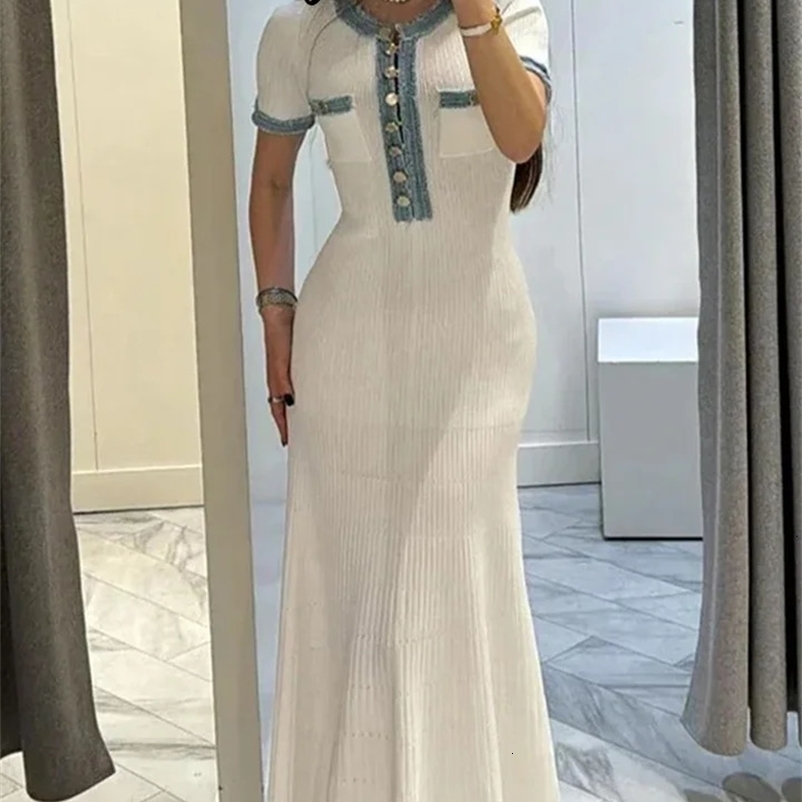 Elegant knitted Dress Women Slim Short-sleeve Single Breast Party Dresses Female Summer Fashion Lady Robes 240715