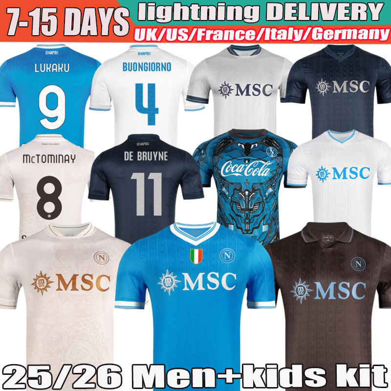 Napoli 25 26 Soccer Jerseys De Bruyne McTominay Lukaku Victor Osimhen Scott Buongiorno David Neres Frank Anguissa 2025 Football Shirt Men Kids kit Kits Unifor