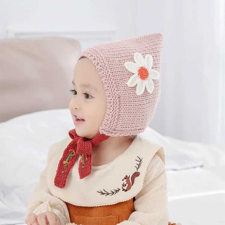 Cute Flower Ear Protection Hat for Baby Knit Pullover Cap Winter Warm Kids Woolen Bonnet 14Year Boy Girl Liner Velvet Beanie Z251029