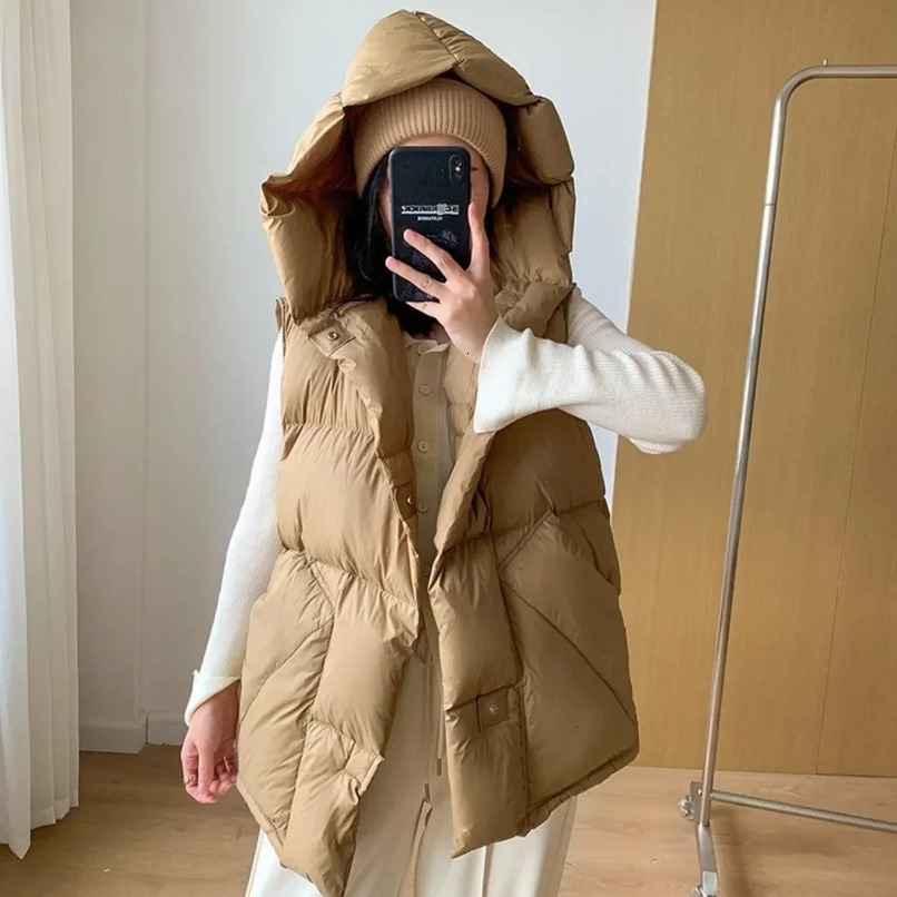 Autumn/Winter Warm Street Clothing Pocket Sleeveless Jacket Oversized Inflatable Coat Hoodie for Women 241112