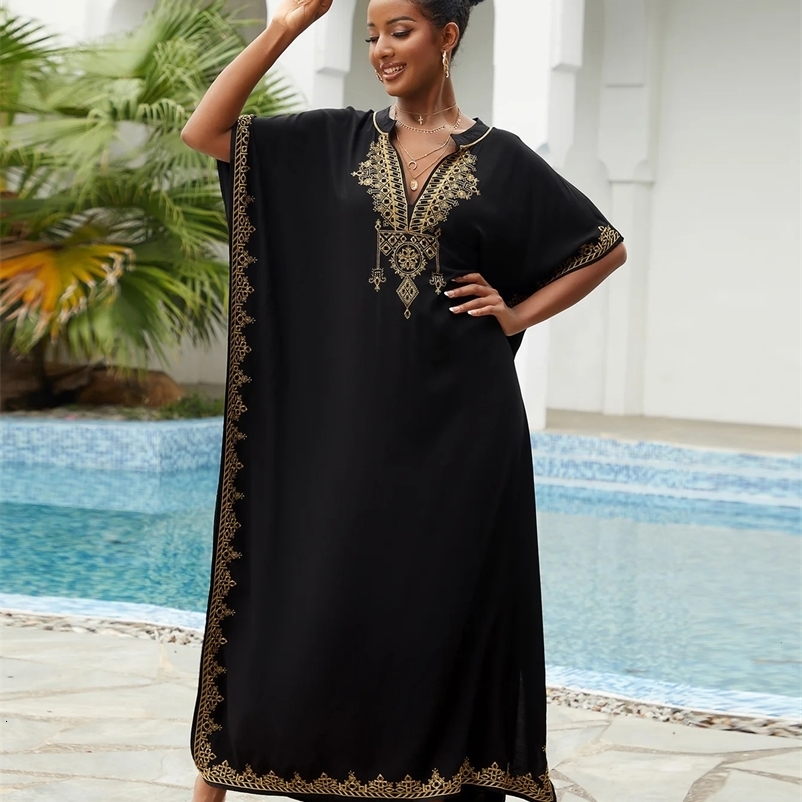 Boho Embroidery Sexy V Neck Long Dress For Women Summer Autumn Loose Oversize Kaftan Beachwear Maxi Dresses Q1545 240529