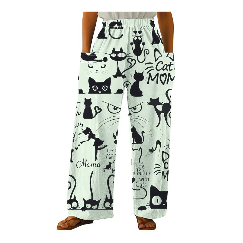Women's Casual Cat Print Straight Leg Pants, Loose Trousers with Big Pockets for Autumn-CF40007