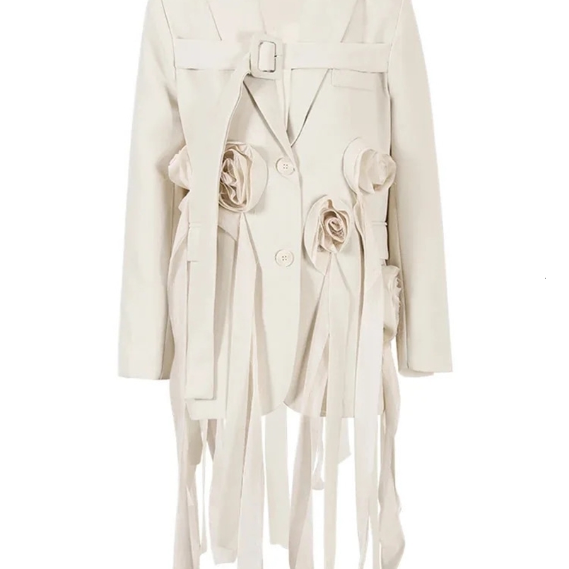 EAM Beige Flower Irregular Long Blazer Women Lapel Long Sleeve Loose Fit Jacket Fashion Spring Autumn 1DF9938 240826