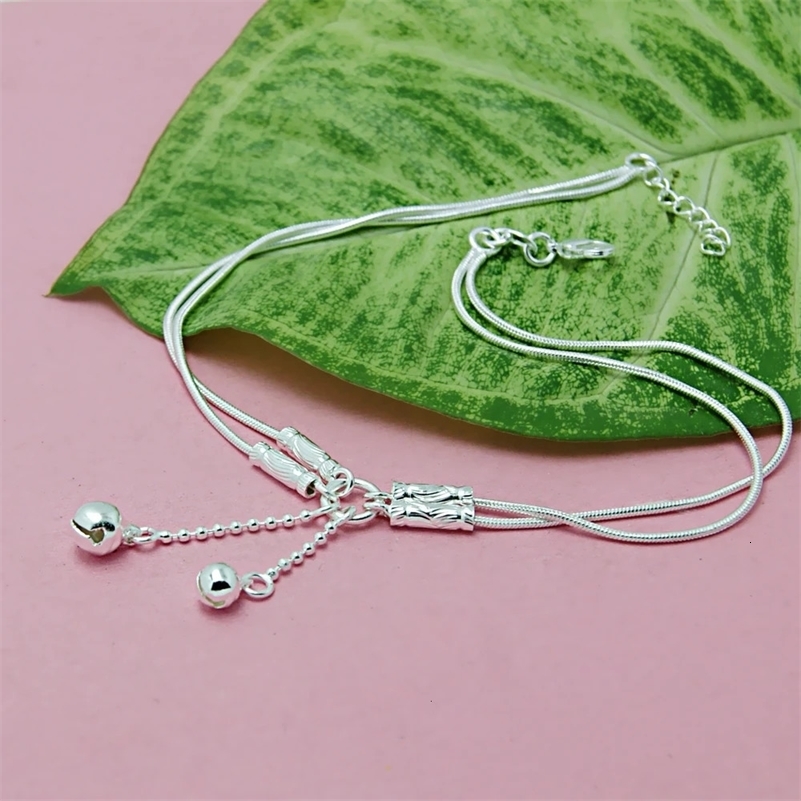 Trendy Jewelry 925 Sterling Silver Double Bell Anklets Barefoot Sandals Jewelry On Foot Ankle Bracelets For Women Girl Leg Chain 240625
