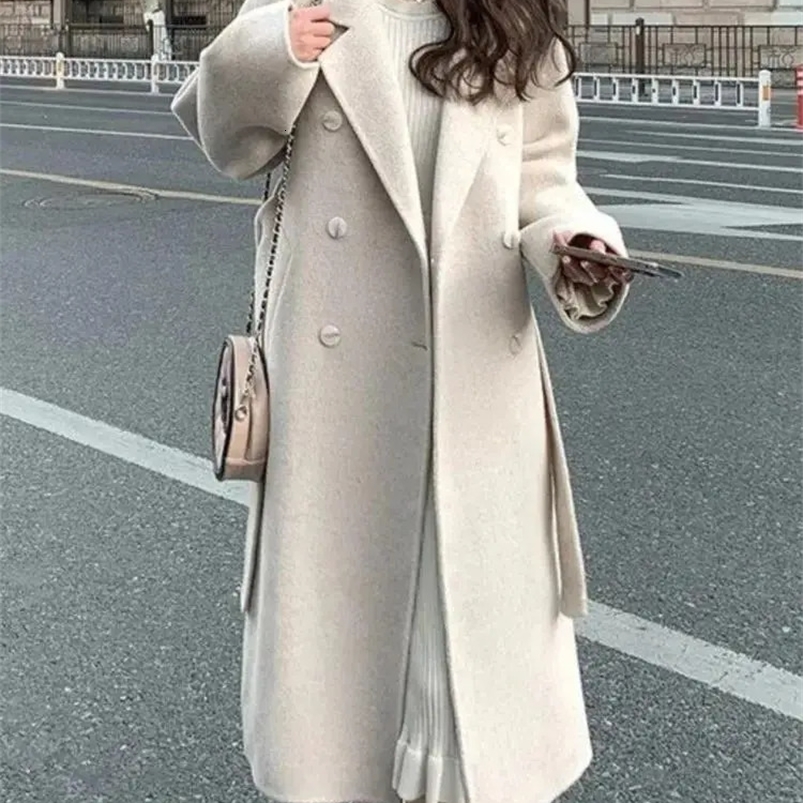 Belt Faux Woolen Coat Women Full Sleeve Double Breasted Notched Female Long Jacket Autumn Fashion Loose Causal Lady Outwear 240822