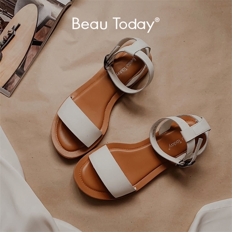 BeauToday Sandals Women Genuine Cow Leather Wraparound Ankle Strap Metal Buckle Female Outdoor Summer Flat Shoes Handmade 32344 220418